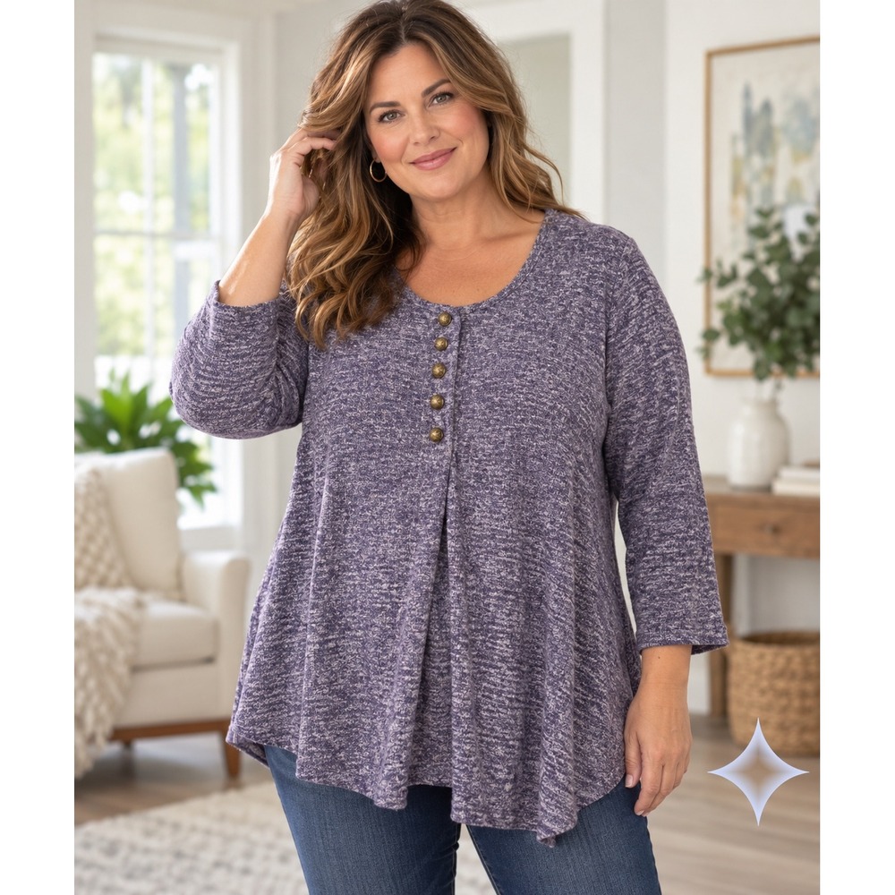 Soft Surroundings Henley Top Womens 2X Blue Cotton Knit Excellent Marl Coastal